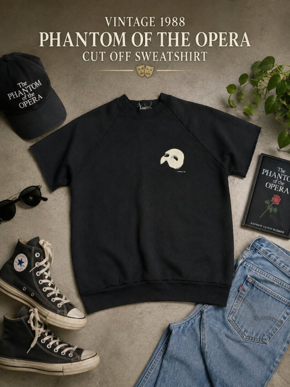 Black Short-Sleeve Crewneck Sweater with Mask Graphic
